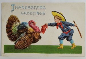 Thanksgiving Greetings Boy Tries to Put Bow on Turkey Embossed Postcard S15