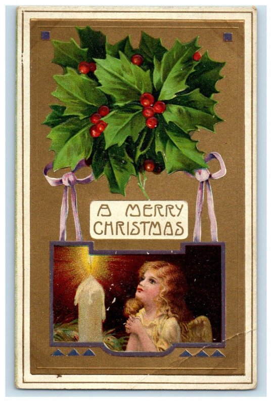 c1910's Christmas Greetings Holly Berries Angel Cherub Praying Embossed Postcard