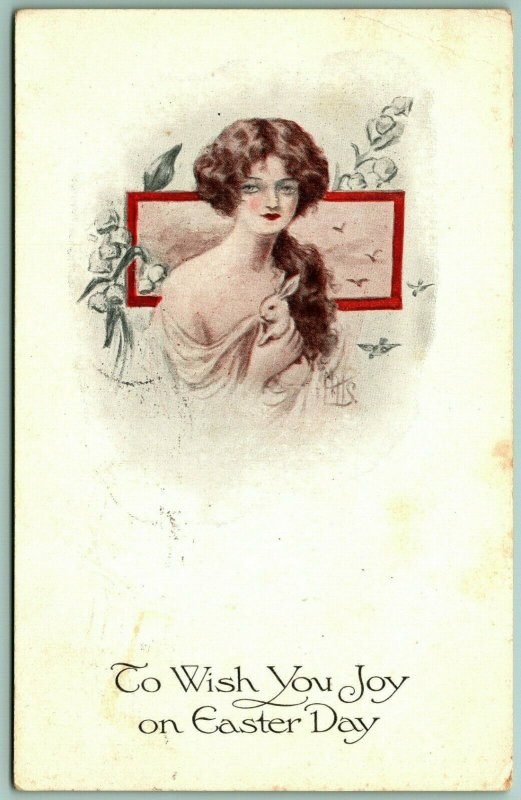 Artist Signed HHS Art Deco Easter Day Joy Gibson Girl 1913 DB Postcard G5 