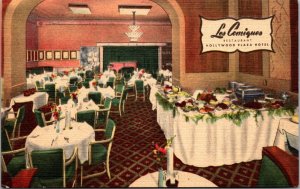 Linen Postcard Les Comiques Restaurant Hollywood Plaza Hotel California~134375