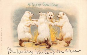 New Year Greetings Humanized Polar Bears Dancing in Circle postcard  B925