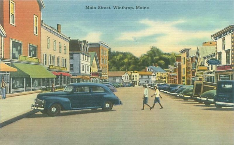 Winthrop Maine Main Street, Old Cars Linen Postcard Unused