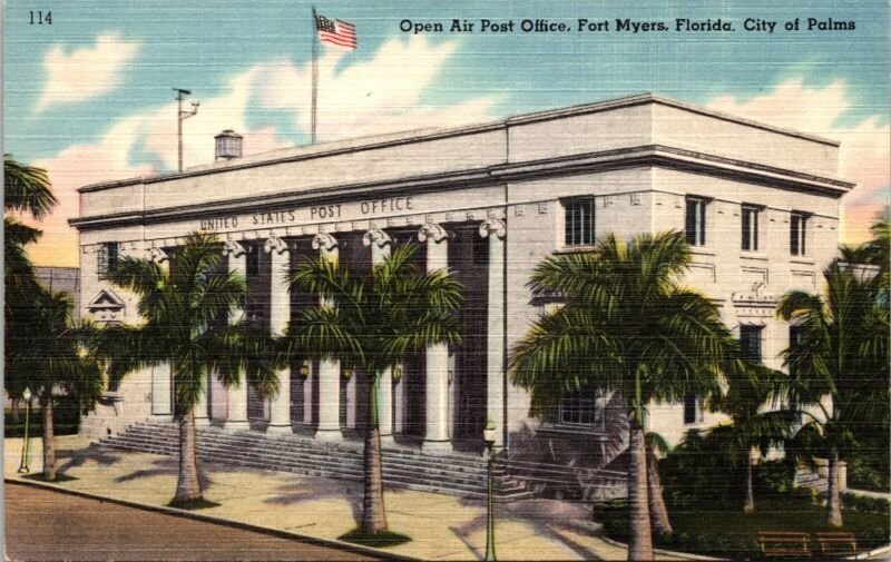 Open Air Post Office Fort Myers Florida City Palms Linen Flag Tichnor Postcard