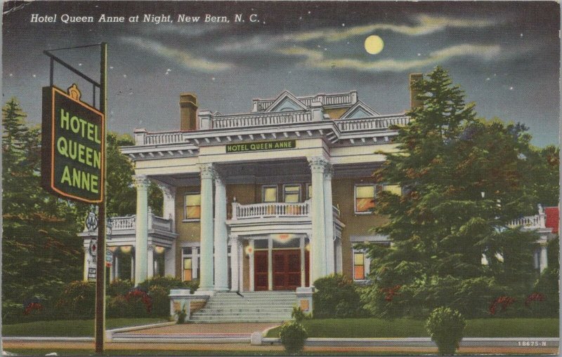 Postcard Hotel Queen Anne at Night New Bern NC North Carolina