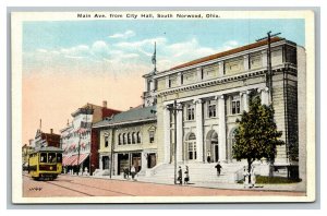 Vintage 1930's Postcard Main Avenue Trolly Car City Hall South Norwood Ohio