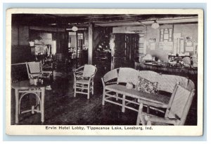 c1920s Interior Lobby of Ervin Hotel Tippecanoe Lake Leesburg IN Postcard