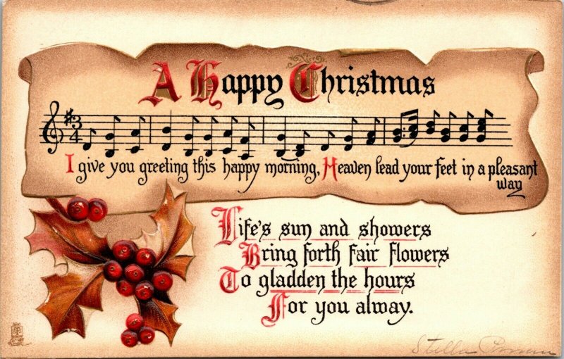 Postcard Merry Christmas - MUSIC NOTES - VINTAGE - RARE PC - TUCK POSTED