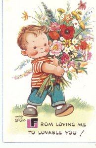 M.L.Attwell. Little boy with flowers bouquet  Old vintage English  postcard