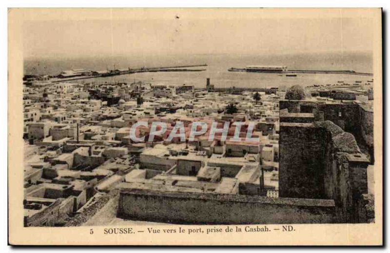 Old Postcard Sousse View to the port taking the Casbah