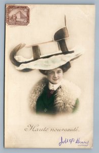 PRETTY LADY in CRAZY HAT ANTIQUE REAL PHOTO POSTCARD RPPC w/EGYPTIAN STAMP