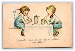 Vintage 1920's Comic Postcard - Children Sharing Coffee - Met Before Prohibition