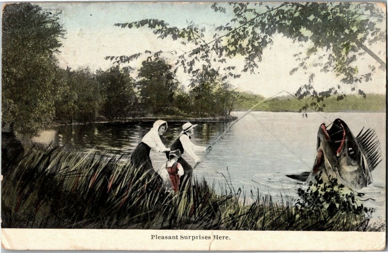 Exaggeration Man Hooks Giant Fish Pleasant Surprises Here Vintage Postcard X03