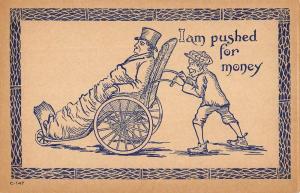 Comic Humor Old Man Wheel Chair Peasant Boy Antique Postcard K7876487