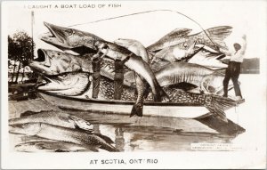 Scotia Ontario Fishermen Giant Fish Exaggeration Boat Load RPPC Postcard G35