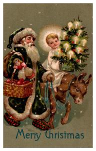  Santa Claus Green Robe , Child Angel on  donkey holding Candle lit tree 