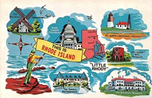 3~Postcards Rhode Island RI ~ GREETINGS Roadside Attractions~Map~State Flag~Bird
