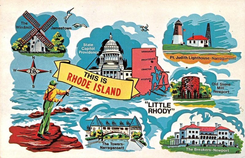 3~Postcards Rhode Island RI ~ GREETINGS Roadside Attractions~Map~State Flag~Bird