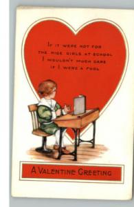 VALENTINE Little Boy at Old School Desk c1910 Postcard