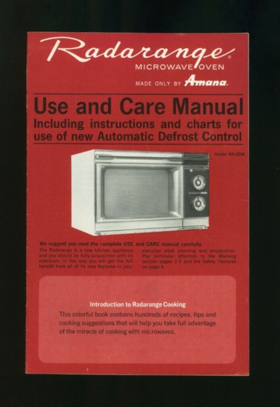 Radarange Microwave Oven By Amana Vintage  Use & Care Manual