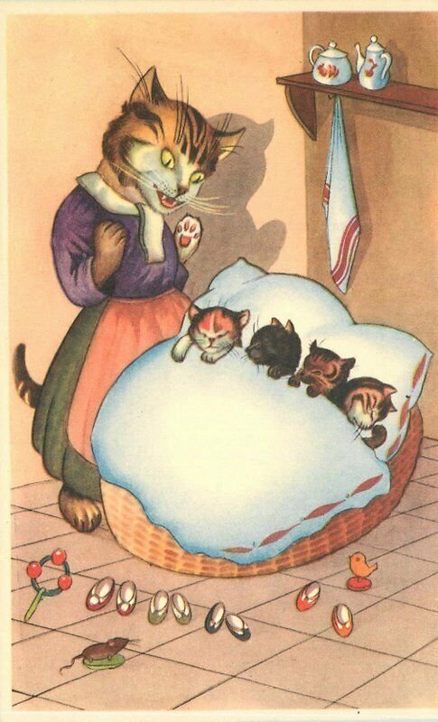 Anthropomorphic Dressed Mama Cat Kittens Comic Humor Postcard 21-5917