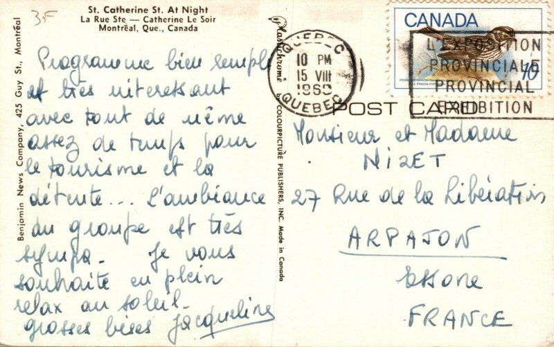 Canada Saint Catherine Street At Night Montreal Chrome Postcard 08.68