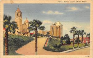 Corpus Christi Texas~Spohn Park Scene~Palms along Rd~Cathedral~Skyscraper~1942