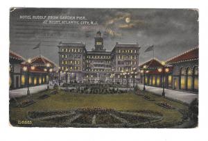 Atlantic City NJ 1914  Hotel Rudolf from Garden Pier at Night Vintage Postcard