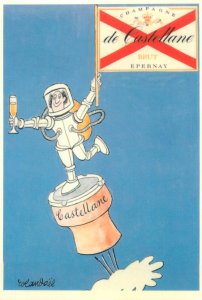 Humorous astronaut cheers champagne de Castellane advertising poster postcard