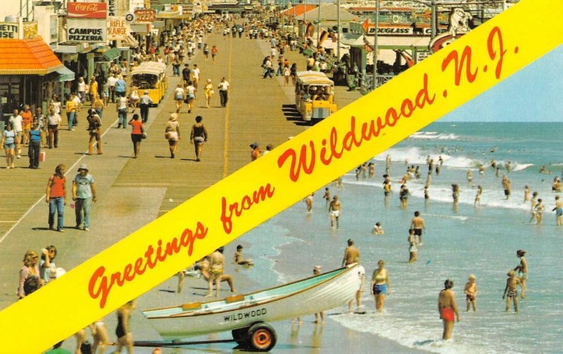 NJ, New Jersey  WILDWOOD Greetings BOARWALK~Campus Pizza & BEACH SCENE Postcard