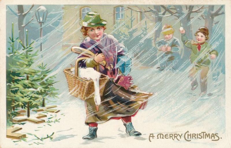 Christmas Greetings -Carrying Goose and Presents in Snow - DB - Tuck