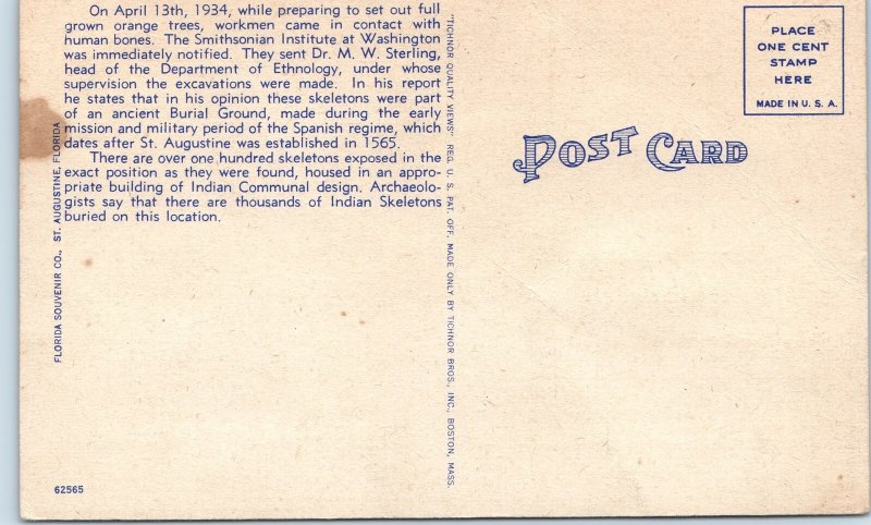 c1930s St Augustine, FL Indian Burial Ground Linen Postcard Skeletons A91