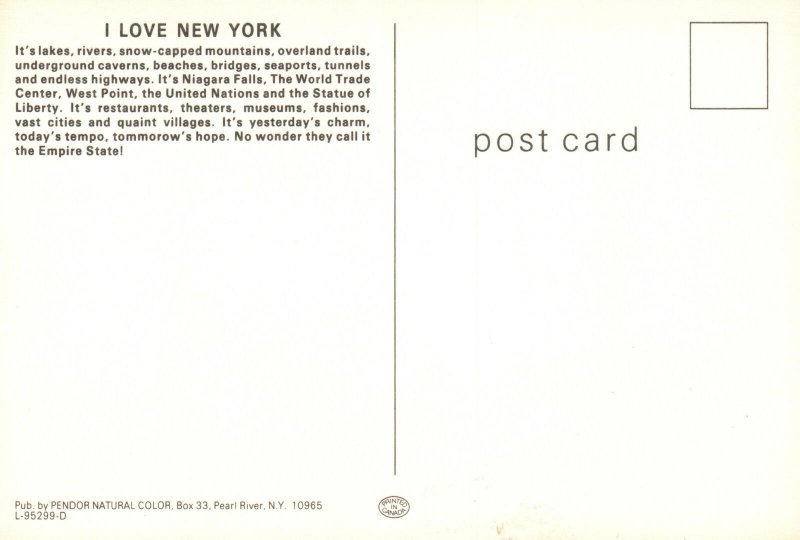 Vintage Postcard I Love New York The Empire State Lakes Rivers Trails New York