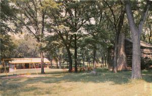 Washington Iowa~Sunset Park~Colorful Swingset~Pavilion~Log Cabin~1954 Postcard