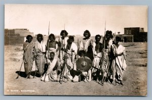 AFRICAN WARRIORS SUDAN BICHAREENS ANTIQUE REAL PHOTO POSTCARD RPPC