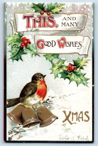 Christmas Postcard Bird And Holly Berries Embossed Sanford Maine ME 1909 Antique