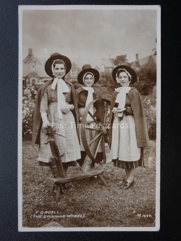 THE SPINNING WHEEL & Three Ladies Welsh Costume c1948 RP Postcard by Valentine