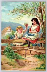 Victorian Sisters w/Flowers~Bird~Birdhouse~Gold Emboss~c1910 Vintage Postcard
