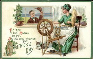 Tuck St Patrick's Day Beautiful Woman Antique Spinning Wheel c1910 Postcard