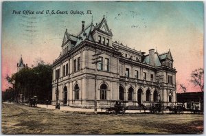 VINTAGE POSTCARD POST OFFICE AND COURT HOUSE LOCATED AT QUINCY ILL POSTED 1909
