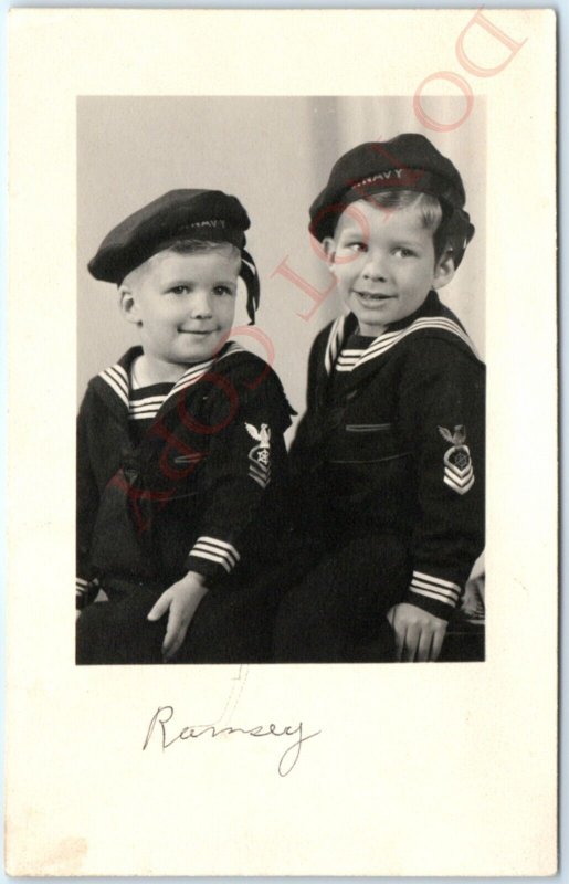 c1910s 2 Cute Little Boys in US Navy Sailor Costumes RPPC Real Photo USN A134