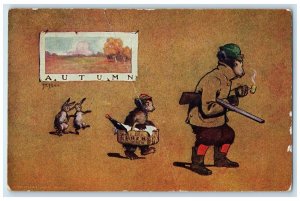 1908 Autumn Anthropomorphic Bears Hunting Pipe Smoking St. John Antique Postcard