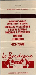 Vintage Matchbook Cover Le Bordeaux Restaurant Livonia, Michigan MB176