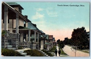 Cambridge Ohio Postcard Tenth Street Scene Buildings Exterior Trees 1912 Vintage