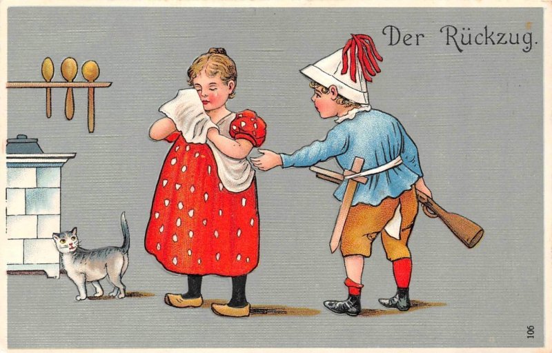 German Girl~Boy~Cat THE RETREAT Crying~Toy Weapons~Split Pants EMBOSSED Postcard