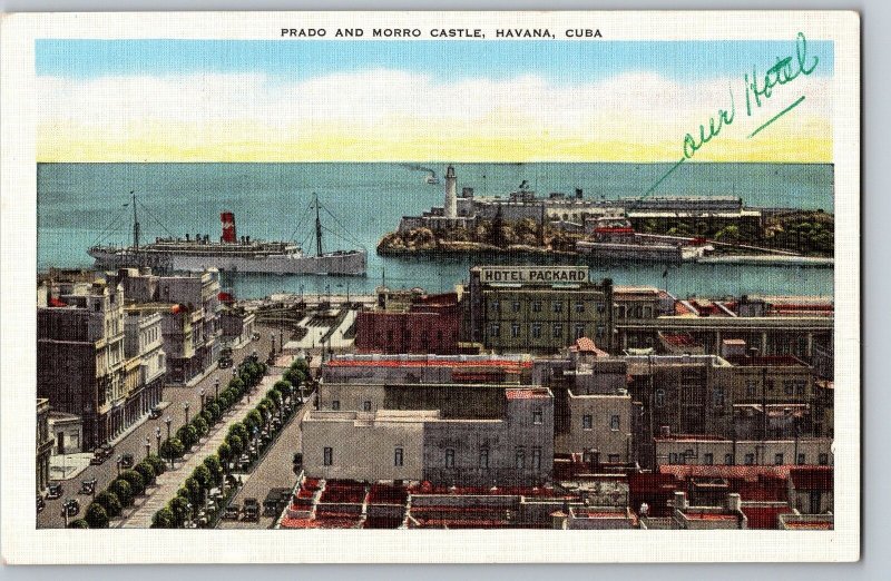 Prado & Morro Castle Havana Cuba Hotel Packard Lighthouse Ship Vintage Postcard