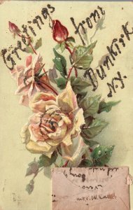 Vintage Postcard 1907 Greetings Dunkirk New York Silver Glitters Roses Flowers