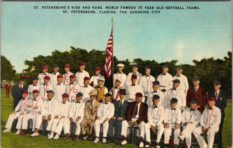 Vtg 1940's Kids and Kubs Softball Team St Petersburg Florida FL Linen Postcard
