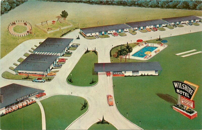 Oklahoma City Wilshire Motel Route 66 1950s Dexter Postcard Birdseye 22-1466