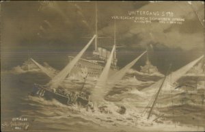 German Sinking Naval Ship 78 & Steamship Spotlight 1913 Kiel RPPC of Art