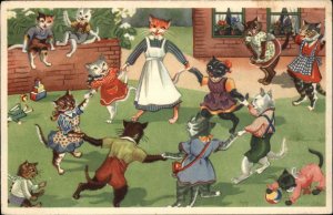 NETHERLANDS Postcard Dressed Cat Fantasy KITTENS IN SCHOOLYARD